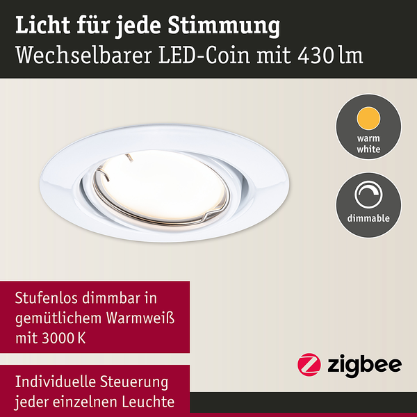 LED-Einbauleuchte Coin 3er-Set Dimmbar - Metall - Weiß - 1-flammig - Weiß