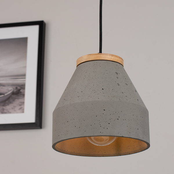 Pendelleuchte Tristan 1-flammig - Eiche Massiv / Beton - Grau - Durchmesser: 20 cm