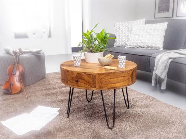 Couchtisch Karow - Sheesham Massiv / Edelstahl - Braun / Schwarz