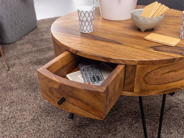 Couchtisch Karow - Sheesham Massiv / Edelstahl - Braun / Schwarz