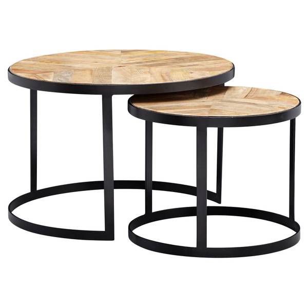 Couchtisch Schwerin 2er-Set - Mangoholz Massiv / Eisen - Hellbraun / Schwarz