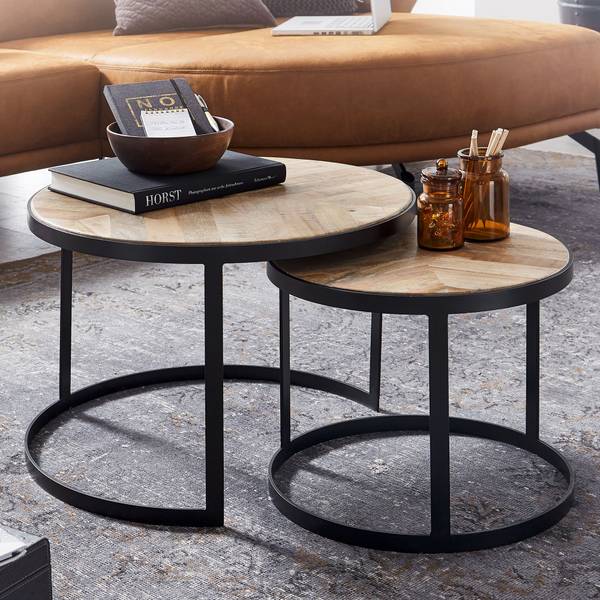 Couchtisch Schwerin 2er-Set - Mangoholz Massiv / Eisen - Hellbraun / Schwarz