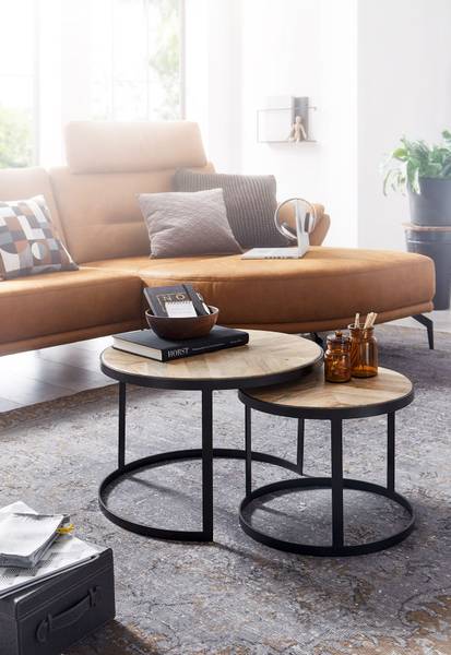 Couchtisch Schwerin 2er-Set - Mangoholz Massiv / Eisen - Hellbraun / Schwarz