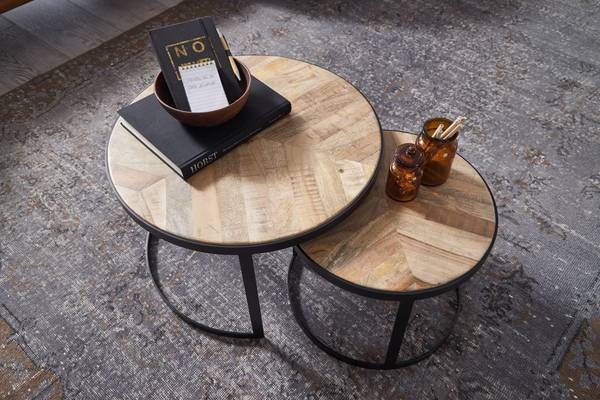 Couchtisch Schwerin 2er-Set - Mangoholz Massiv / Eisen - Hellbraun / Schwarz