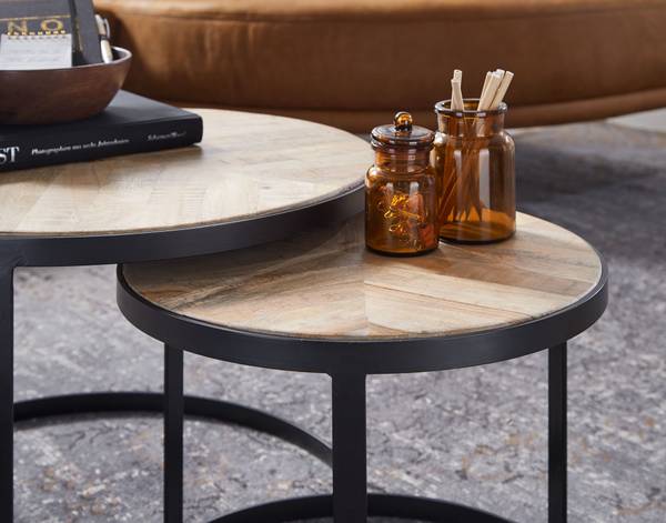 Couchtisch Schwerin 2er-Set - Mangoholz Massiv / Eisen - Hellbraun / Schwarz
