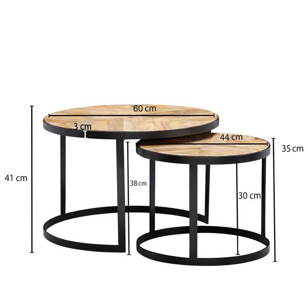 Couchtisch Schwerin 2er-Set - Mangoholz Massiv / Eisen - Hellbraun / Schwarz