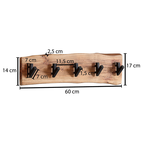 Wandgarderobe Damgarten - Akazie Massiv / Eisen - Braun / Schwarz - 60 x 17 cm
