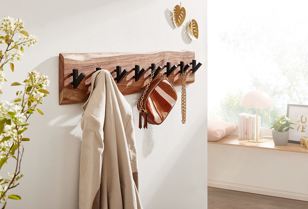 Wandgarderobe Damgarten - Akazie Massiv / Eisen - Braun / Schwarz - 90 x 19 cm