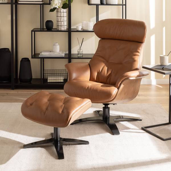 Polsterhocker HARRIGA - Leder / Eisen - Hellbraun / Schwarz - Echtleder Ulicia: Cognac