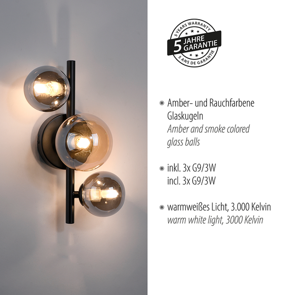 LED-Wandleuchte Popsicle - Rauchglas / Eisen - 3-flammig