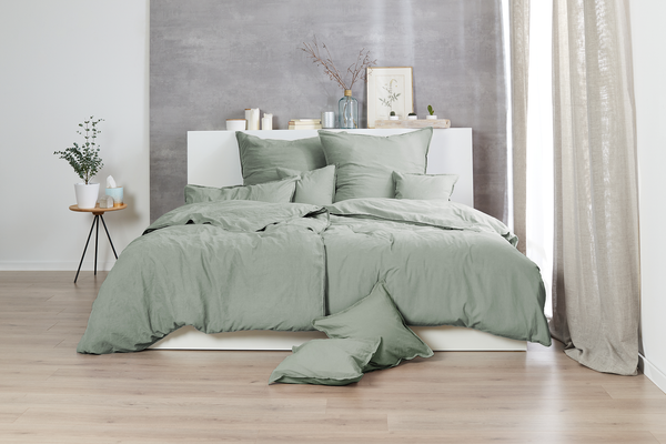Renforce-Bettwäsche Stonewashed Pure - Baumwolle - Grün - 240 x 220 cm + 2 Kissen 80 x 80 cm