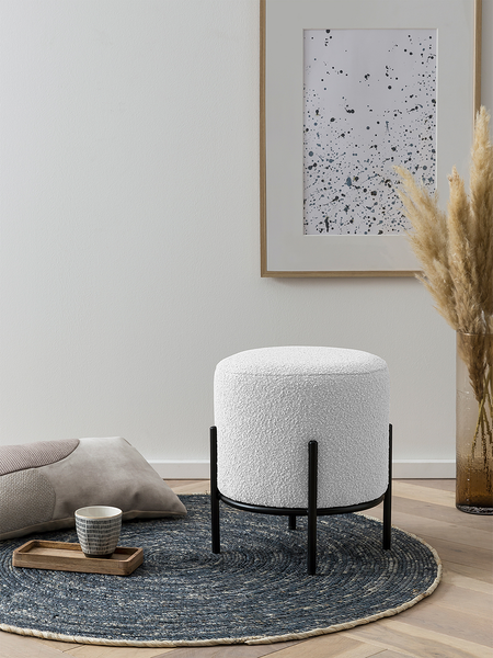 Polsterhocker Bumyra Typ B - Bouclé - Metall - Weiß / Schwarz - Rund - Weiß - Schwarz - Bouclé