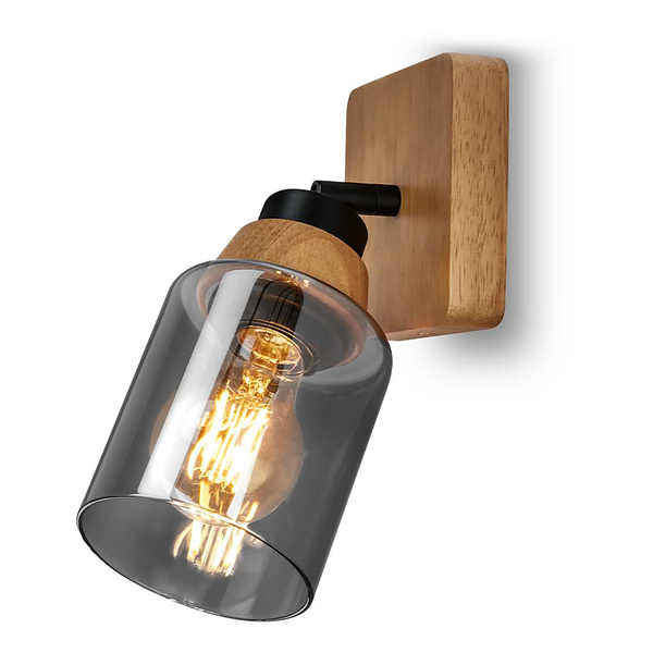 Wandleuchte Meidelo - Aluminium / Rauchglas - Schwarz / Eiche - Flammenanzahl: 1