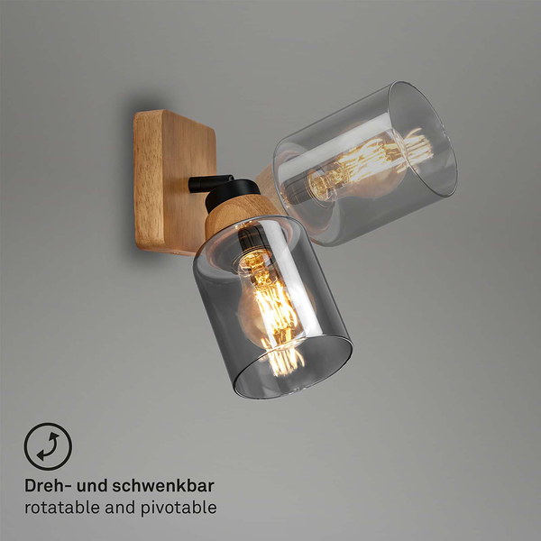 Wandleuchte Meidelo - Aluminium / Rauchglas - Schwarz / Eiche - Flammenanzahl: 1