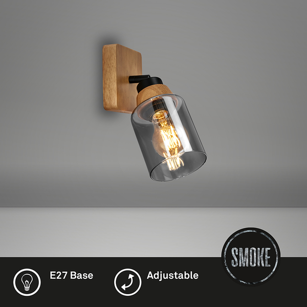 Wandleuchte Meidelo - Aluminium / Rauchglas - Schwarz / Eiche - Flammenanzahl: 1
