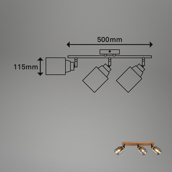 Wandleuchte Meidelo - Aluminium / Rauchglas - Schwarz / Eiche - Flammenanzahl: 3