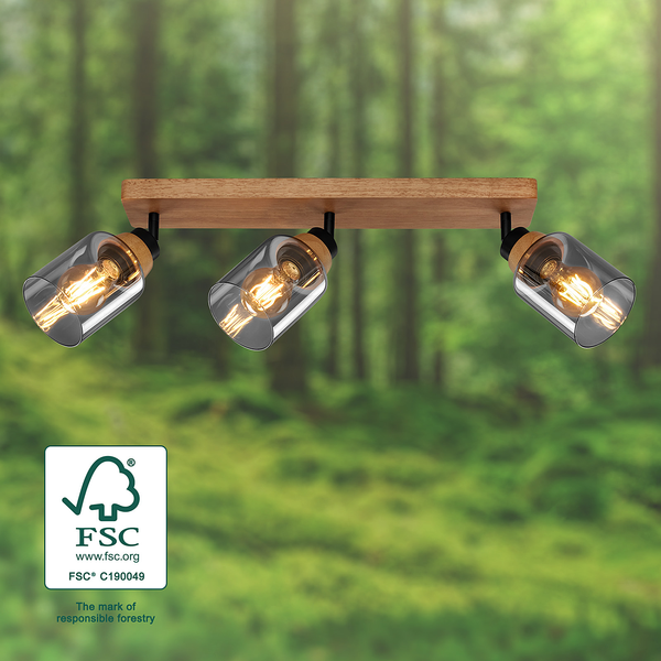 Wandleuchte Meidelo - Aluminium / Rauchglas - Schwarz / Eiche - Flammenanzahl: 3