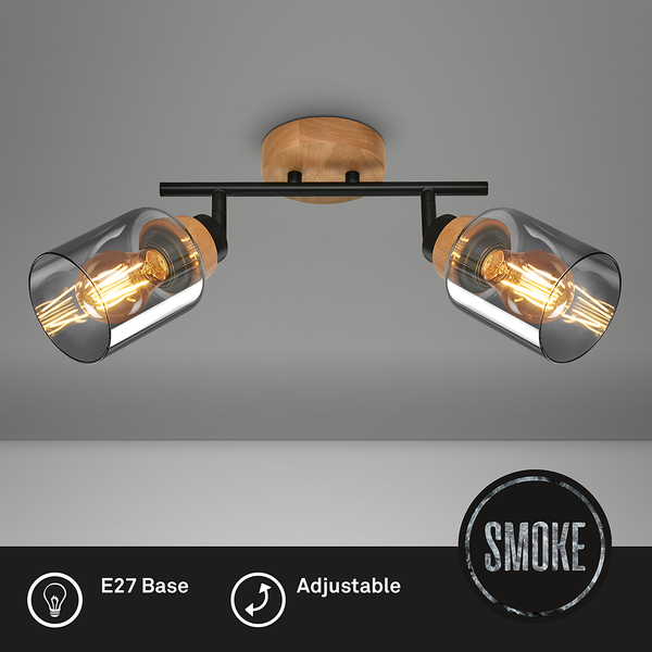 Deckenleuchte Venteira - Aluminium / Eiche Massiv - Schwarz - Flammenanzahl: 2