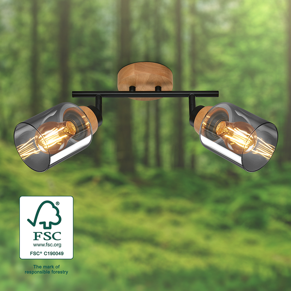 Deckenleuchte Venteira - Aluminium / Eiche Massiv - Schwarz - Flammenanzahl: 2