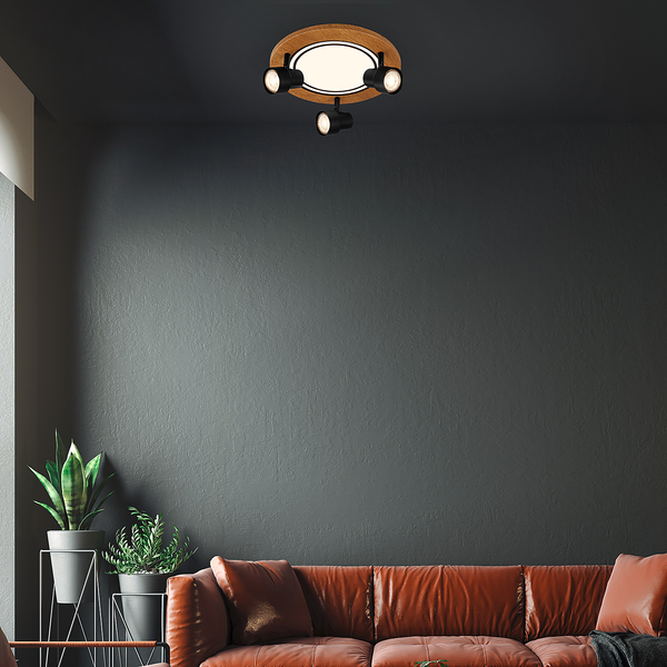 Deckenleuchte Areiro Rund - Aluminium / Polypropylen - Schwarz / Eiche - 4-flammig