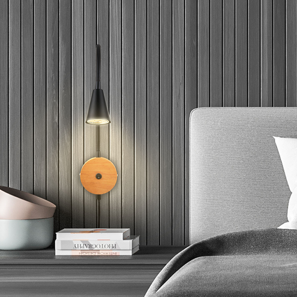 LED-Wandleuchte Leiros - Aluminium / Eiche Massiv - Schwarz