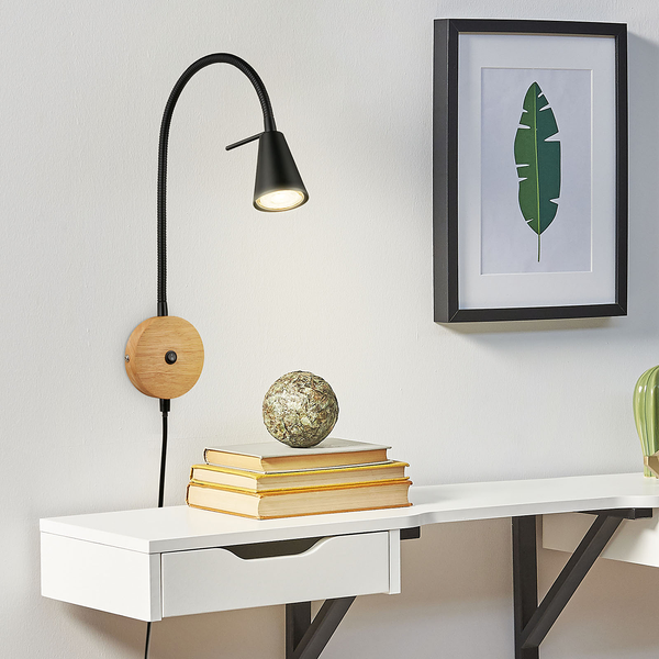 LED-Wandleuchte Leiros - Aluminium / Eiche Massiv - Schwarz