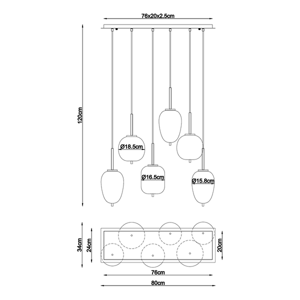 Pendelleuchte Blacky Typ B - Farbglas / Eisen- 6-flammig