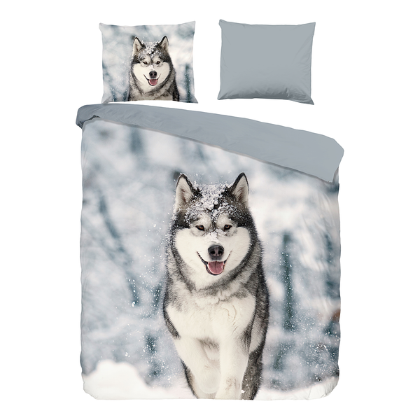 Biber-Bettwäsche Husky - Baumwolle - Grau - 140 x 200/220 cm + Kissen 70 x 60 cm