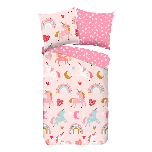 Biber-Bettwäsche Unicorn - Baumwolle - Pink - 135 x 200 cm + Kissen 80 x 80 cm