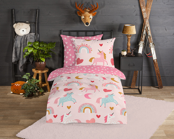 Biber-Bettwäsche Unicorn - Baumwolle - Pink - 135 x 200 cm + Kissen 80 x 80 cm