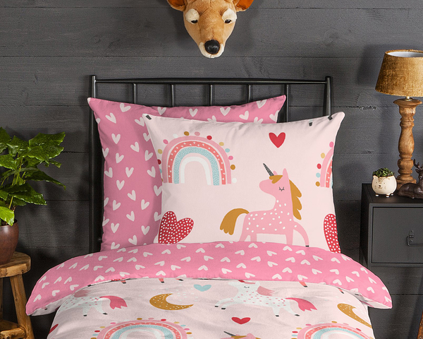Biber-Bettwäsche Unicorn - Baumwolle - Pink - 135 x 200 cm + Kissen 80 x 80 cm
