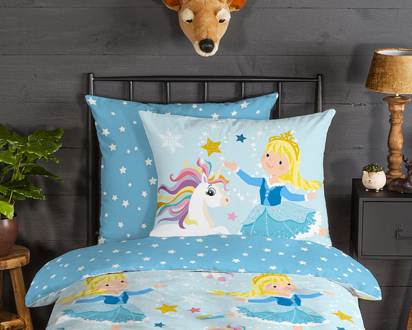 Biber-Bettwäsche Iceprincess - Baumwolle - Hellblau - 135 x 200 cm + Kissen 80 x 80 cm