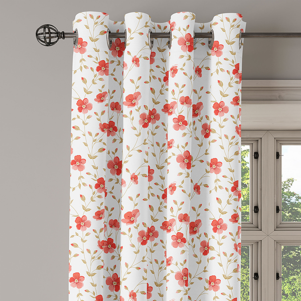 Ösenvorhang Landhaus Blume 2er-Set - Polyester - Weiß / Rot - Höhe: 225 cm
