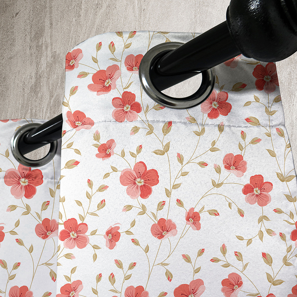 Ösenvorhang Landhaus Blume 2er-Set - Polyester - Weiß / Rot - Höhe: 225 cm