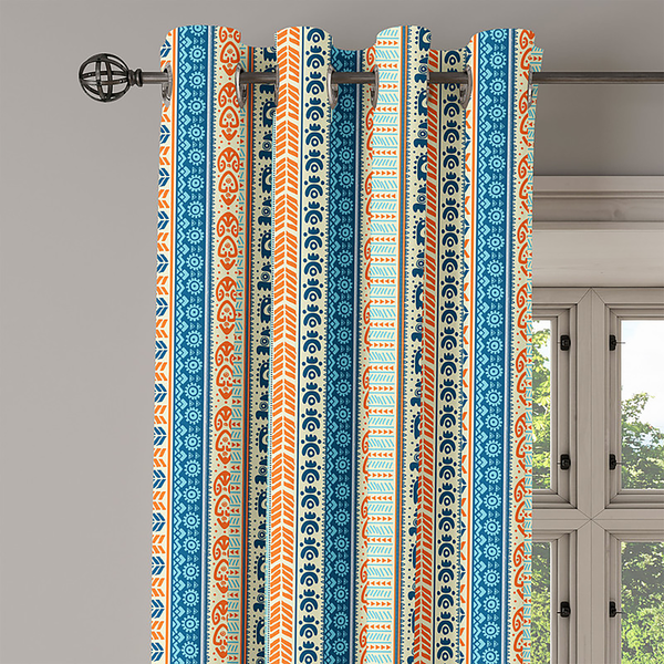 Ösenvorhang Ureinwohner 2er-Set - Polyester - Orange / Blaugrau - Höhe: 260 cm