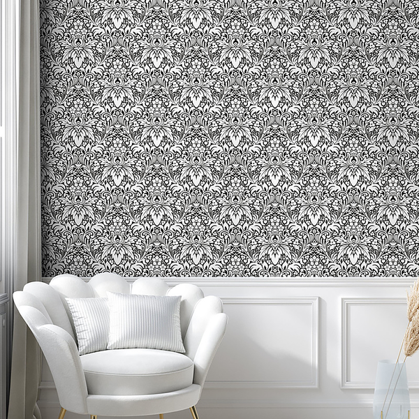 Tapete White Damask - PVC - Weiß / Schwarz - Höhe: 250 cm