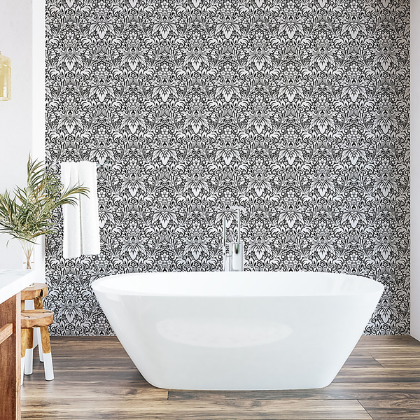Tapete White Damask - PVC - Weiß / Schwarz - Höhe: 250 cm