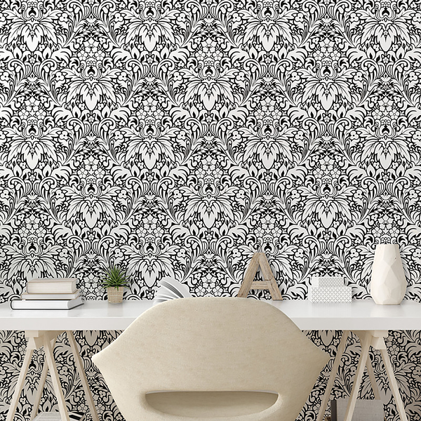 Tapete White Damask - PVC - Weiß / Schwarz - Höhe: 250 cm