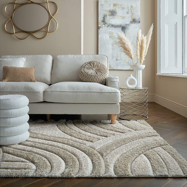 Hochflorteppich Velvet Carved - Recyceltes Polyester - Beige - 80 x 150 cm