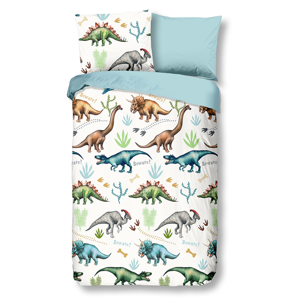 Biber-Bettwäsche Dino - Baumwolle - Hellblau - 140 x 200/220 cm + Kissen 70 x 60 cm