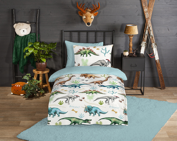 Biber-Bettwäsche Dino - Baumwolle - Hellblau - 140 x 200/220 cm + Kissen 70 x 60 cm