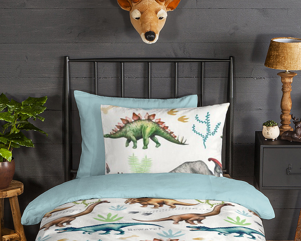 Biber-Bettwäsche Dino - Baumwolle - Hellblau - 140 x 200/220 cm + Kissen 70 x 60 cm