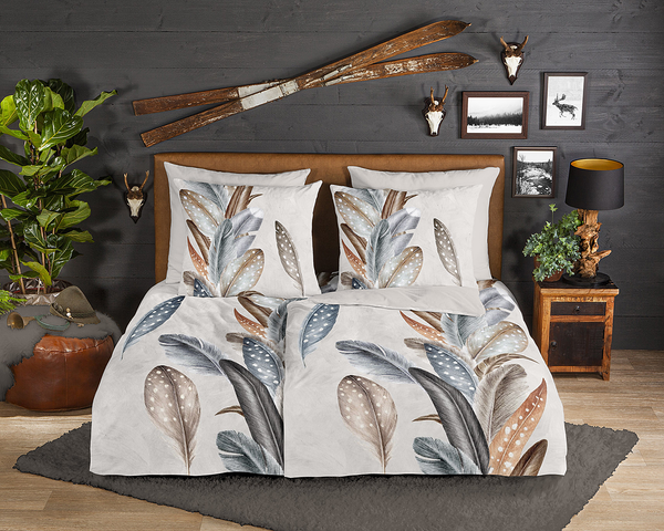 Biber-Bettwäsche Eina - Baumwolle - Beige / Grau - 155 x 220 cm + Kissen 80 x 80 cm
