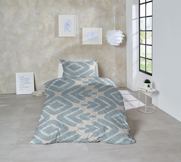 Satin-Bettwäsche Boho - Baumwolle - Blau / Beige - 155 x 220 cm