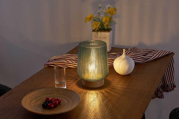 Tischleuchte Glamour Typ A - Echtholzfurnier / Farbglas - 1-flammig - Türkis