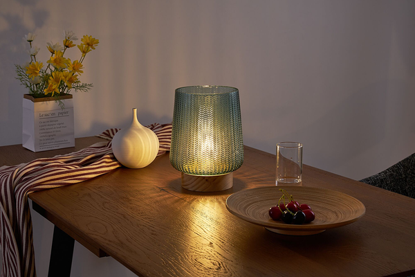 Tischleuchte Glamour Typ A - Echtholzfurnier / Farbglas - 1-flammig - Türkis