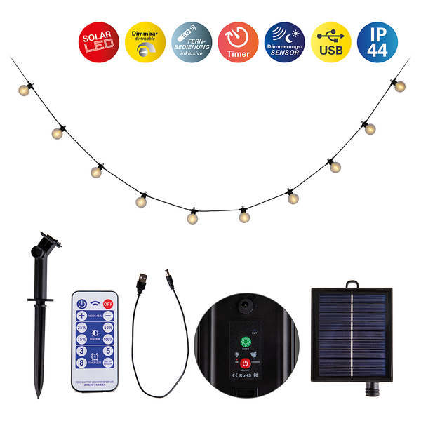 Solar-Lichterkette Cadena - Kunststoff - Schwarz - 10-flammig - Warmweiß