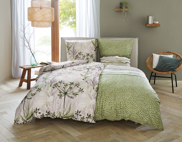 Mako-Satin Bettwäsche Lukardis - Baumwolle - Olivgrün / Beige - 155 x 220 cm