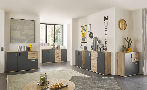 Kommode Gumton 60 cm - Grau / Eiche Dekor