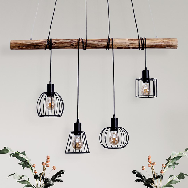 Pendelleuchte Woodland - Massiv / Eisen - Schwarz - 4-flammig